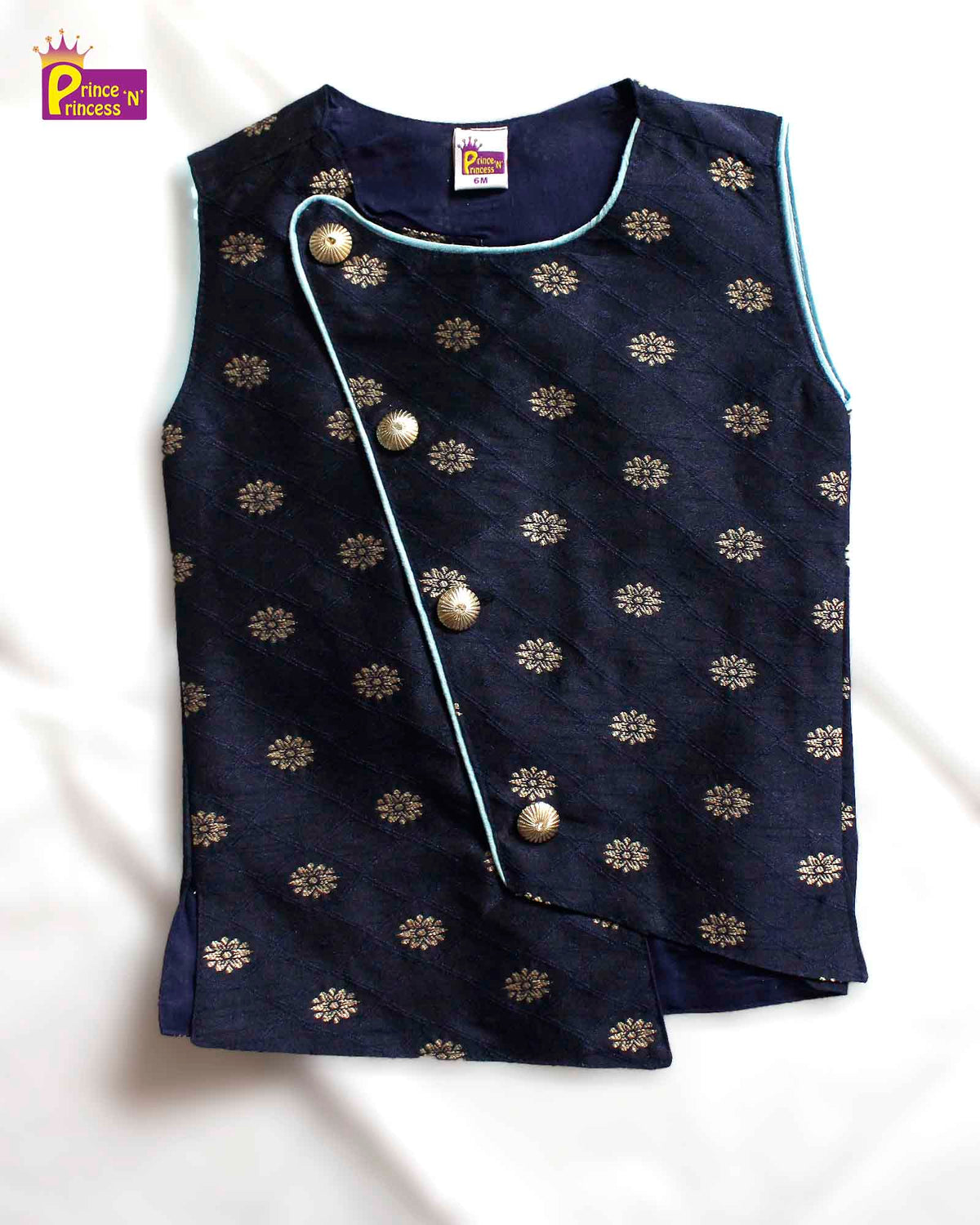 Toddler Boys Sky Blue Navy Blue Sleeveless Silk Kurta Pajama KP126 Prince N Princess