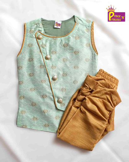 Toddler Pista Green Brown Sleeveless Silk Kurta Pajama KP128 Prince N Princess