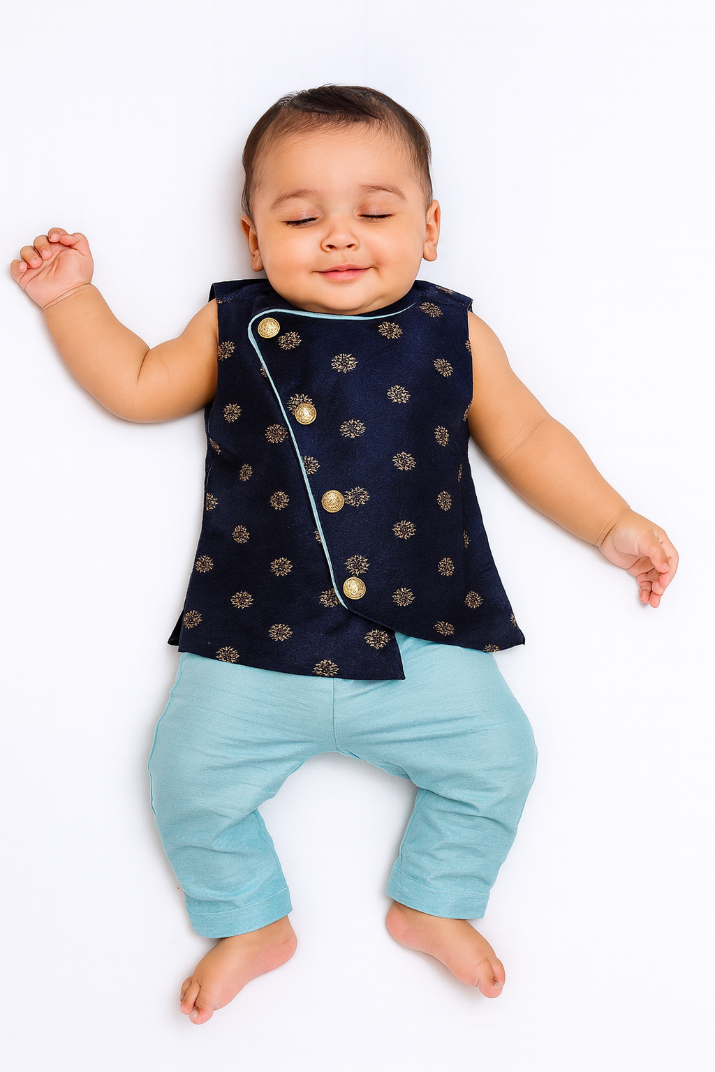 Toddler Boys Sky Blue Navy Blue Sleeveless Silk Kurta Pajama KP126