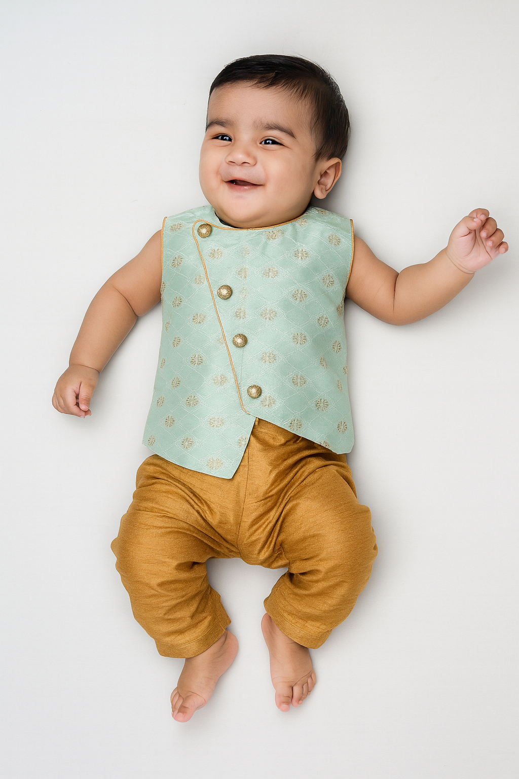 Toddler Pista Green Brown Sleeveless Silk Kurta Pajama KP128