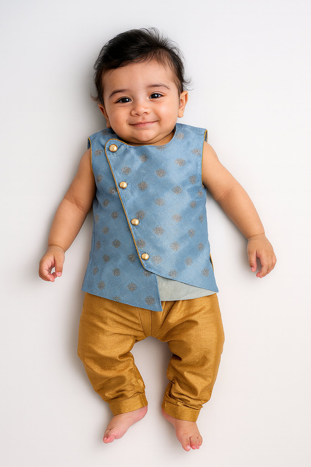 Toddler Boys Sky Blue Sleeveless Silk Kurta Sandal Pajama KP130