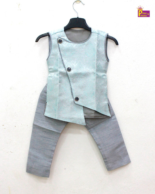 Toddler Boys Blue Sleeveless Silk Kurta Grey Pajama KP139