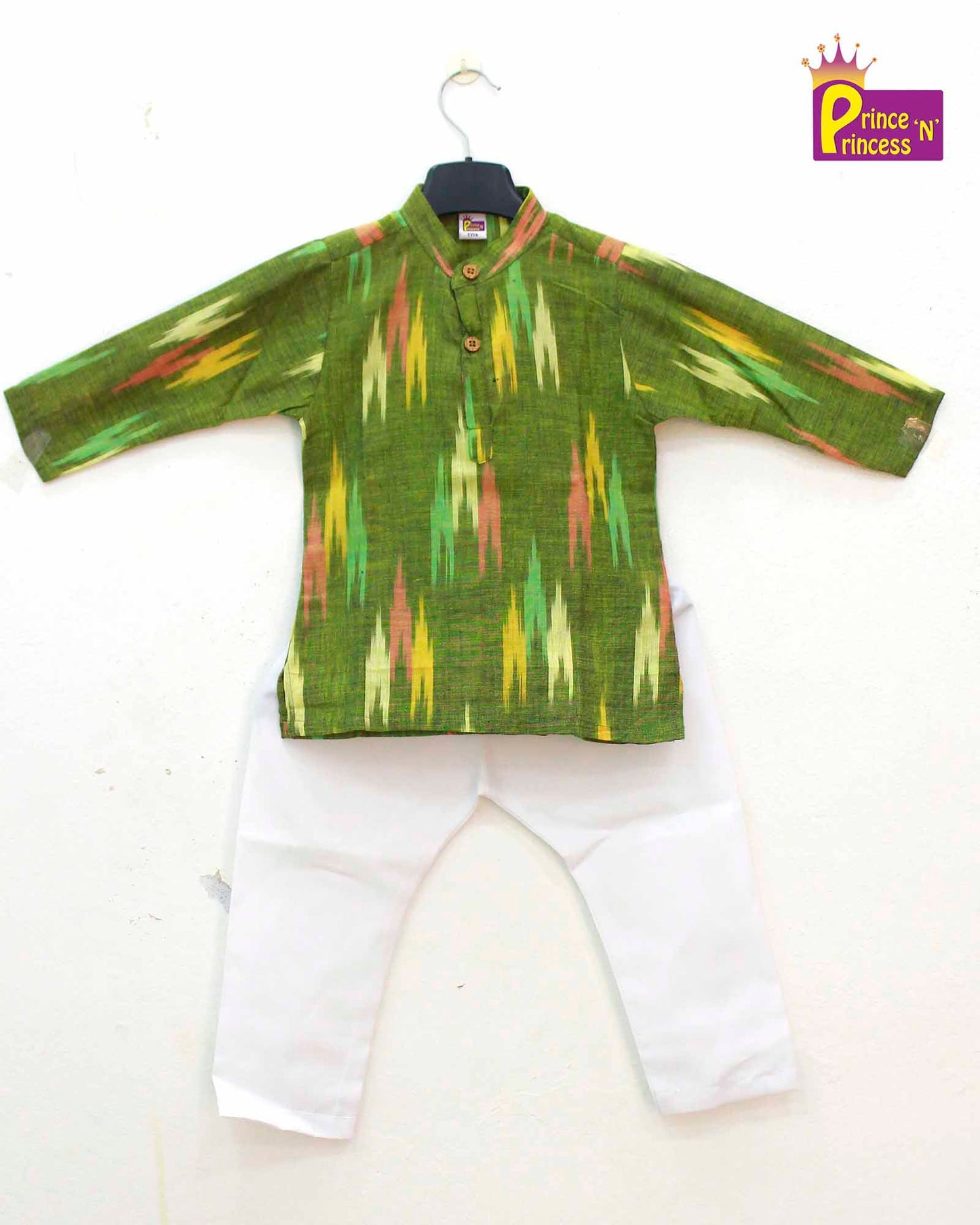 Boys Green White Cotton Ikkat kurta Pajama KP161