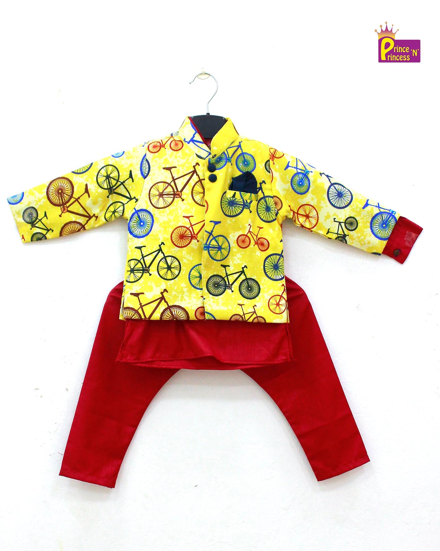 Boys Yellow Red Cotton Printed kurta Pajama KP163