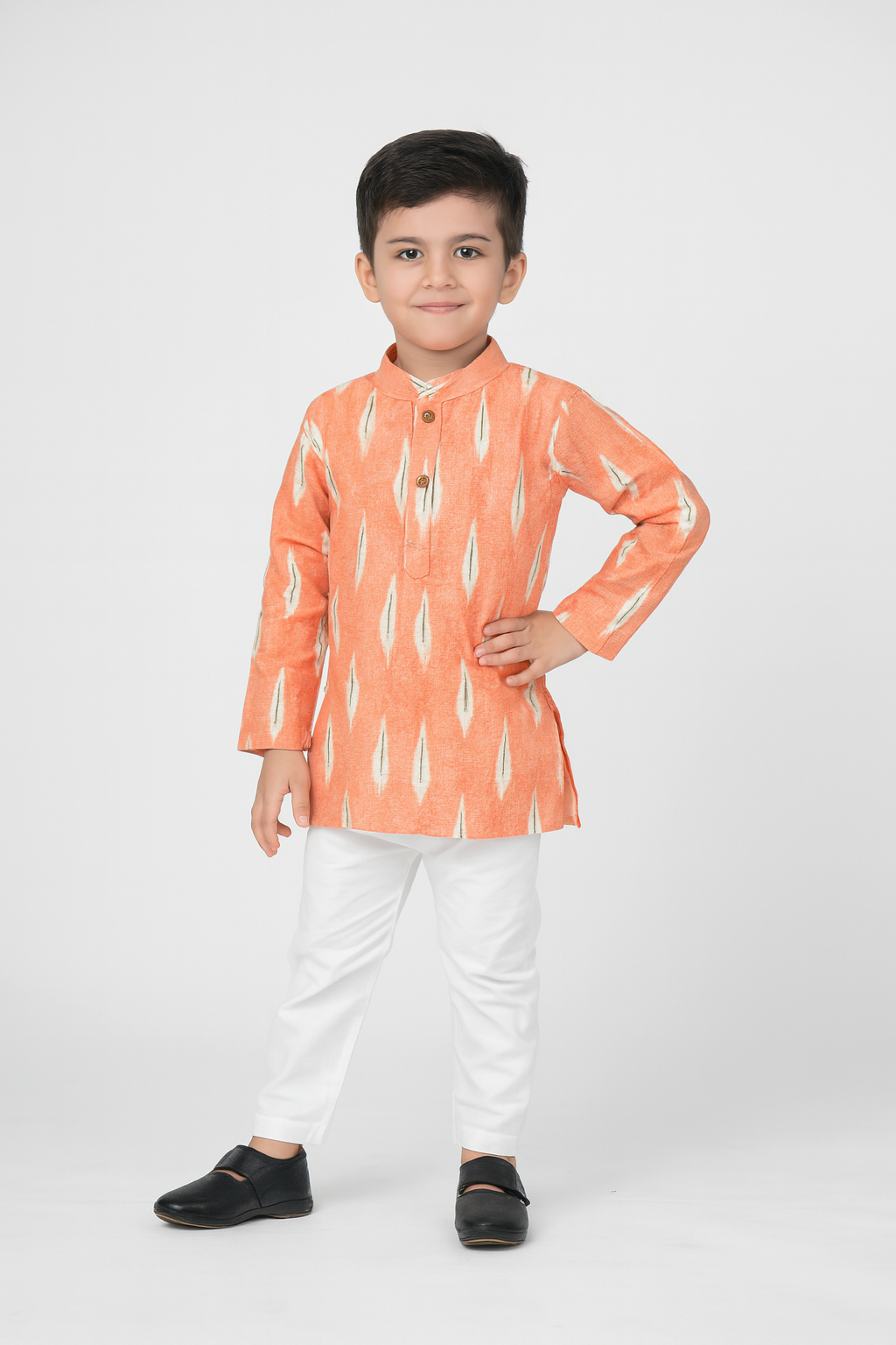 Boys Orange White Cotton Ikkat kurta Pajama KP164