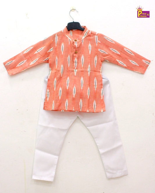 Boys Orange White Cotton Ikkat kurta Pajama KP164