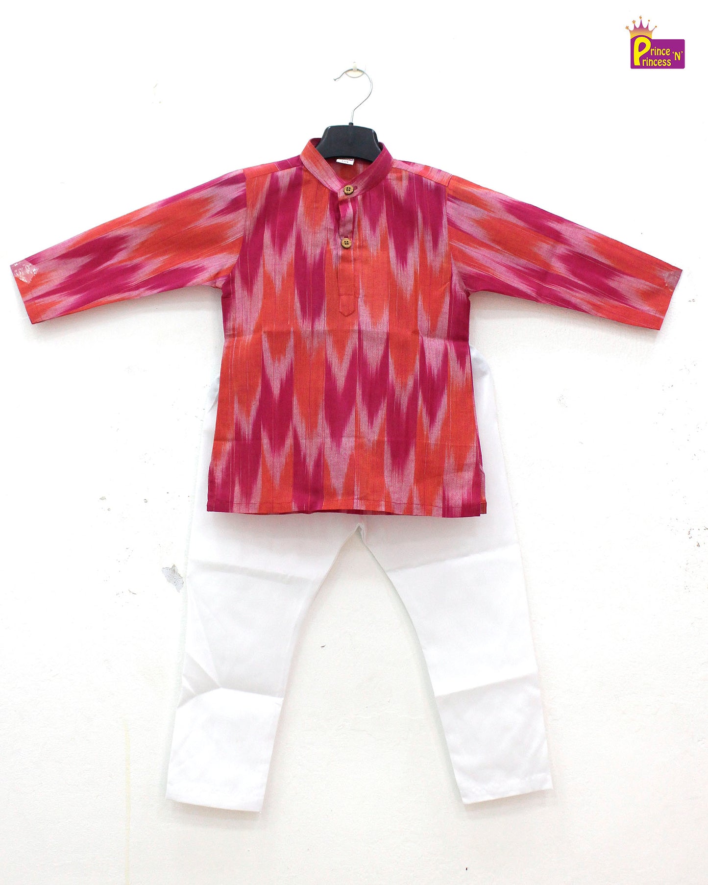 Boys Red White Cotton Ikkat kurta Pajama KP165