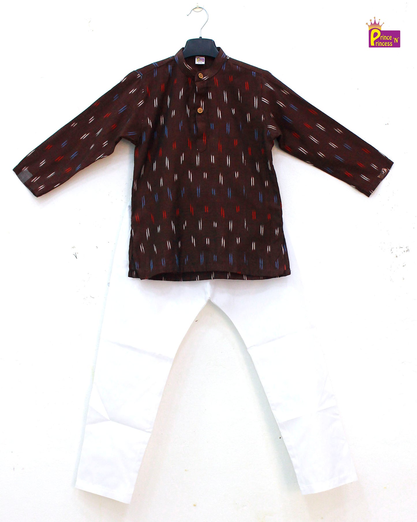 Boys Coffee Brown White Cotton Ikkat kurta Pajama KP166