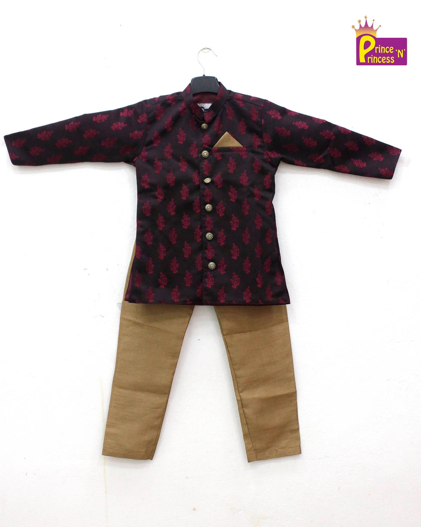 Boys Maroon Printed Silk Kurta Sandal Pajama KP167