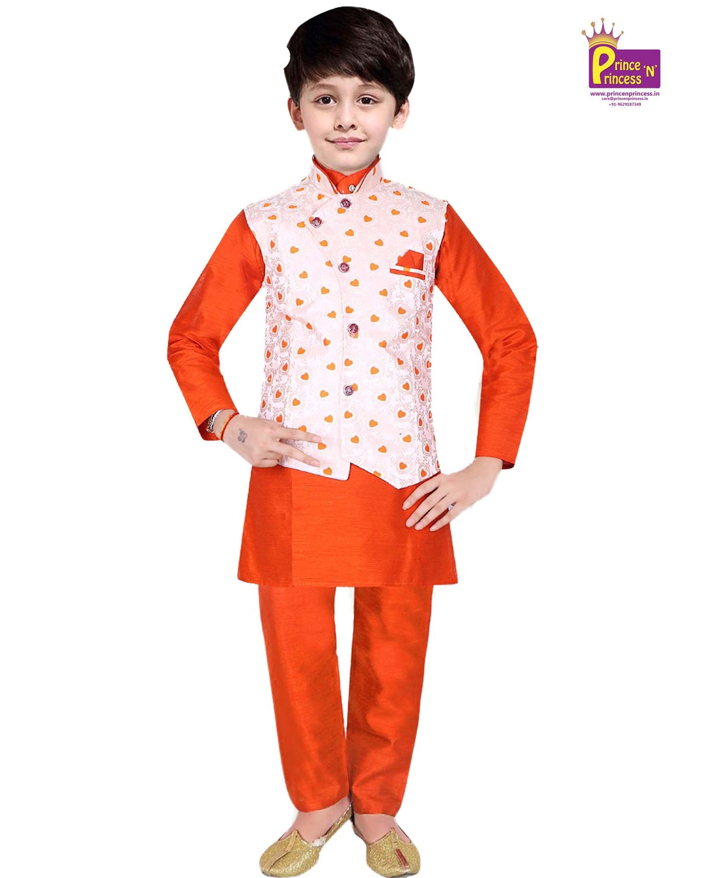 Boys Halfwhite Orange Kurta Pajama with Coat KS014