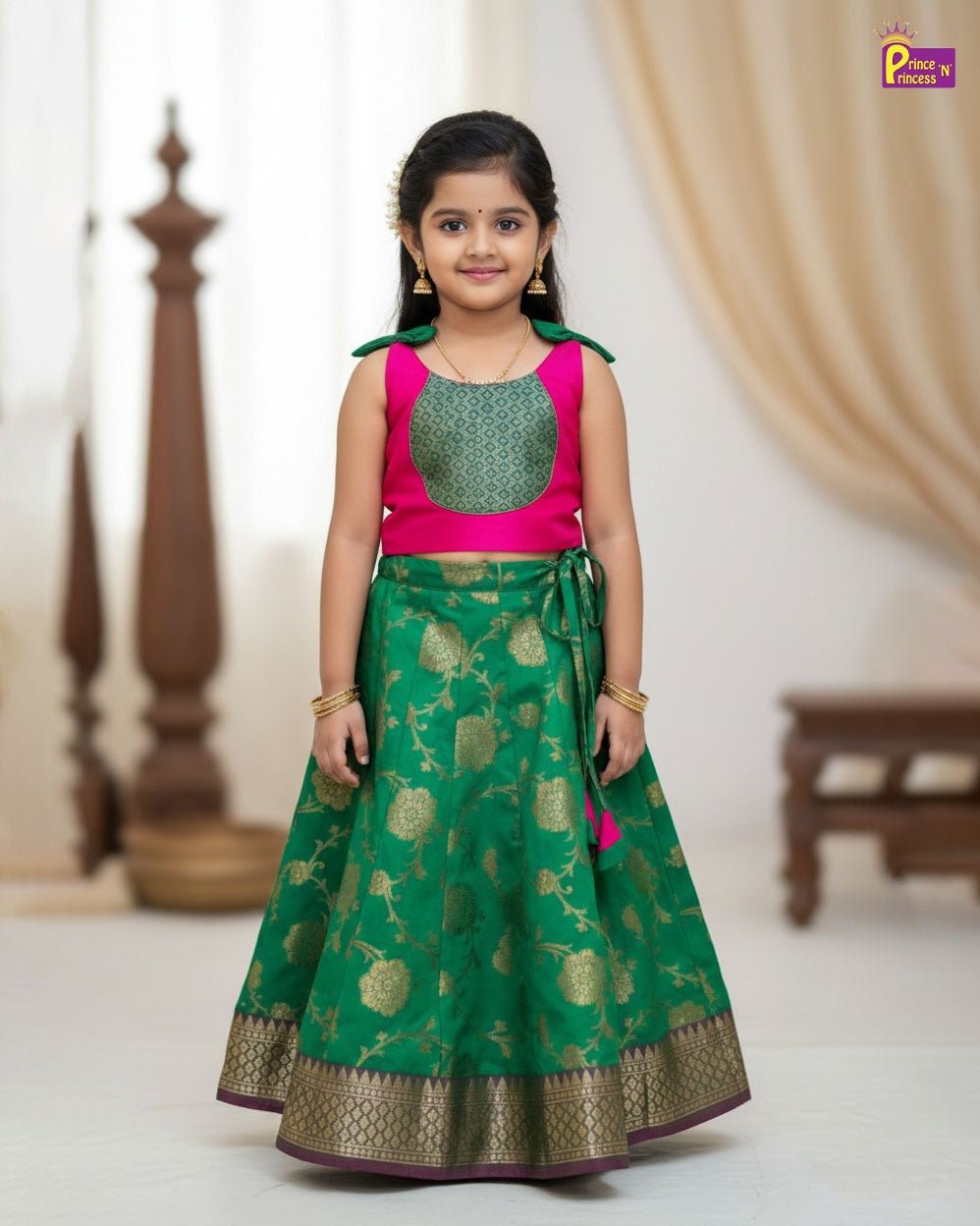 Kids Pink and Green Traditional Pattupavadai PPP1992 - Prince N Princess