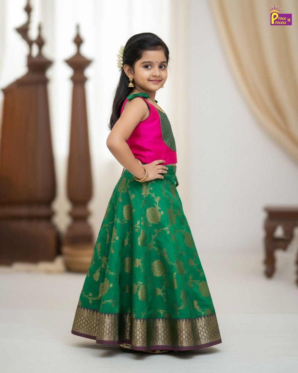 Kids Pink and Green Traditional Pattupavadai PPP1992 - Prince N Princess