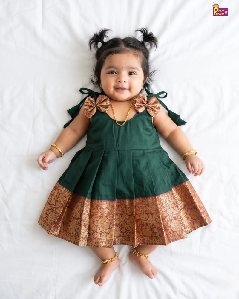 Newborn Kalyani Cotton Traditional Dress - Dark green with red Zari Frock- LF2096