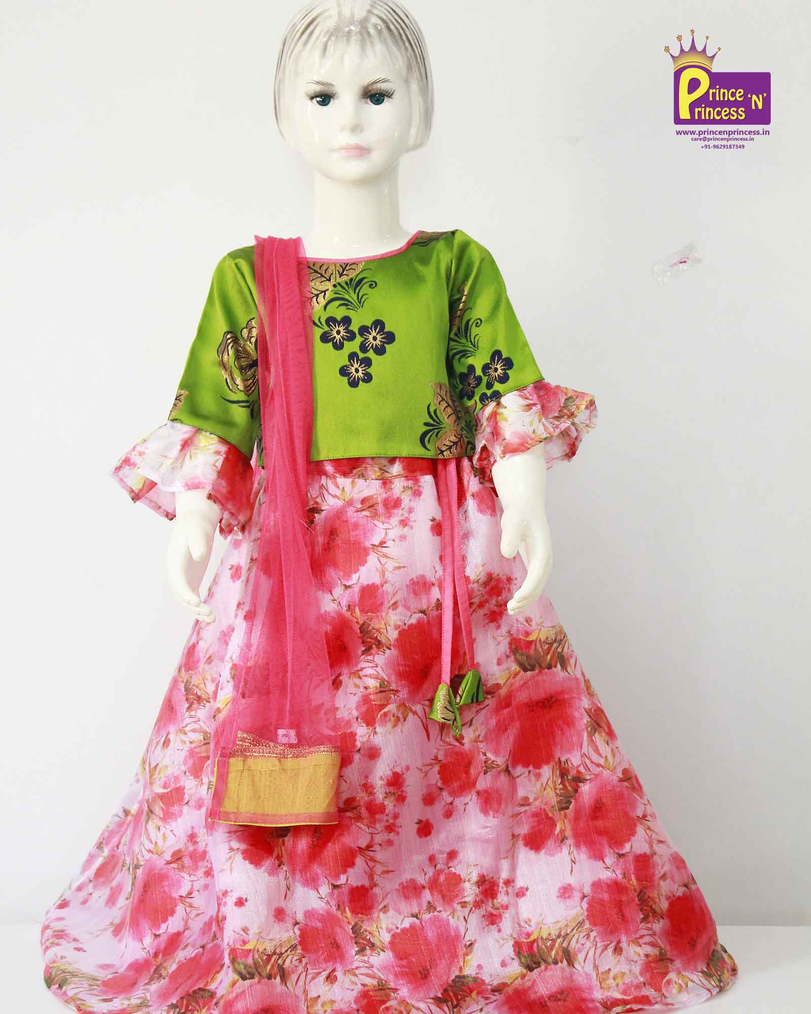 kids Red Green Raw silk  Lehenga Choli with orgenza duppata LC034