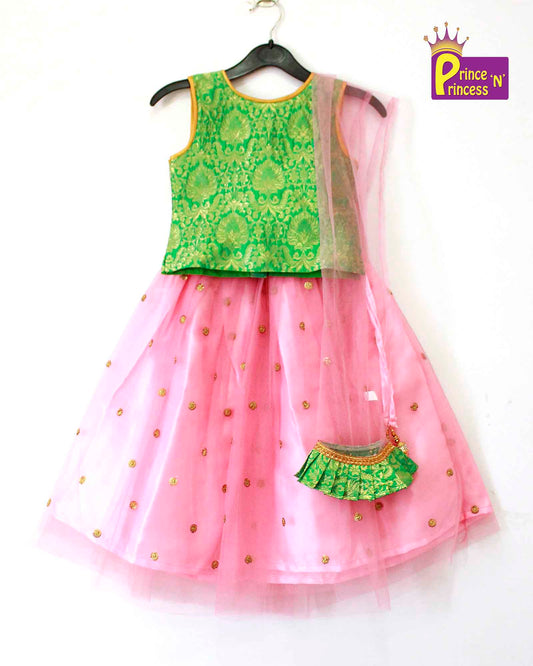 Kids Green Baby Pink Sequence Embroidery Lehenga Choli LC097