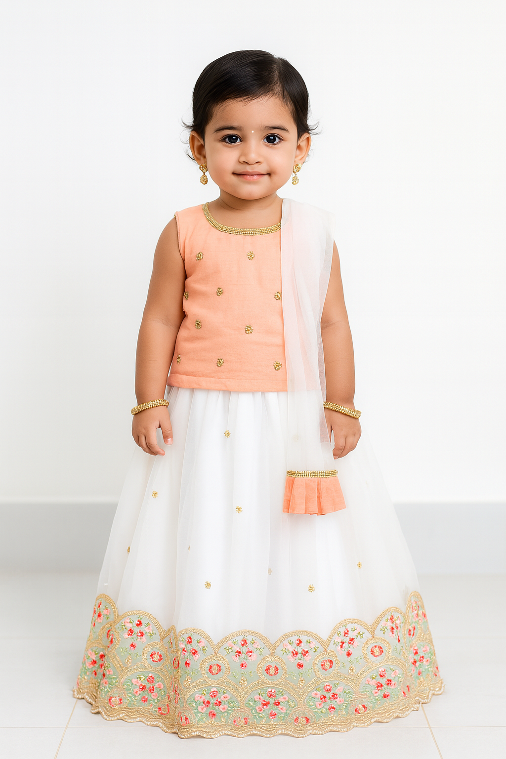 Kids Peach white Embroidery Border Lehenga Choli LC125