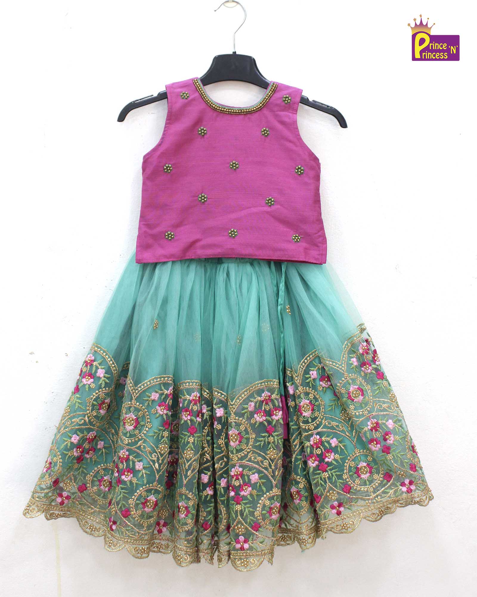 Kids Pink With Rama green  Embroidery Border Lehenga Choli LC130