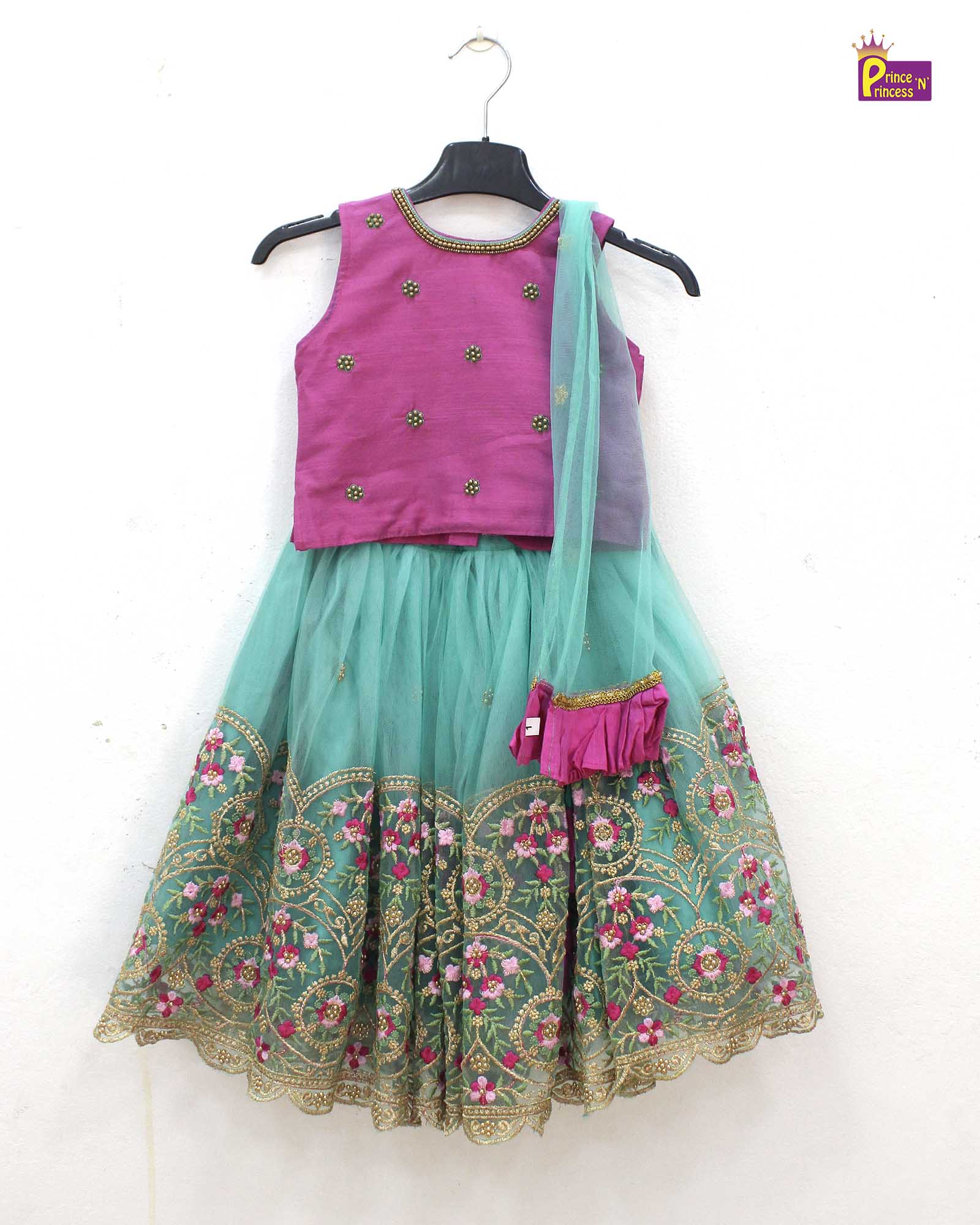 Kids Pink With Rama green  Embroidery Border Lehenga Choli LC130