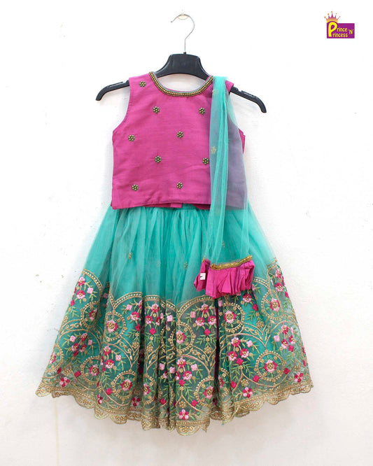 Kids Pink With Rama green  Embroidery Border Lehenga Choli LC130