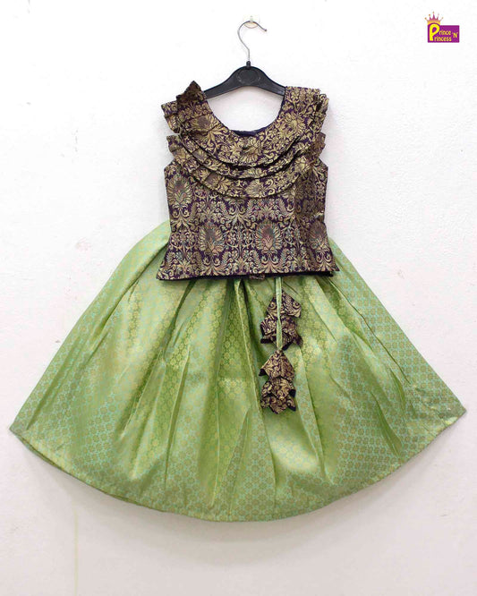 Kids Trending Green with Wine Lehenga Choli  with neck frills LC213