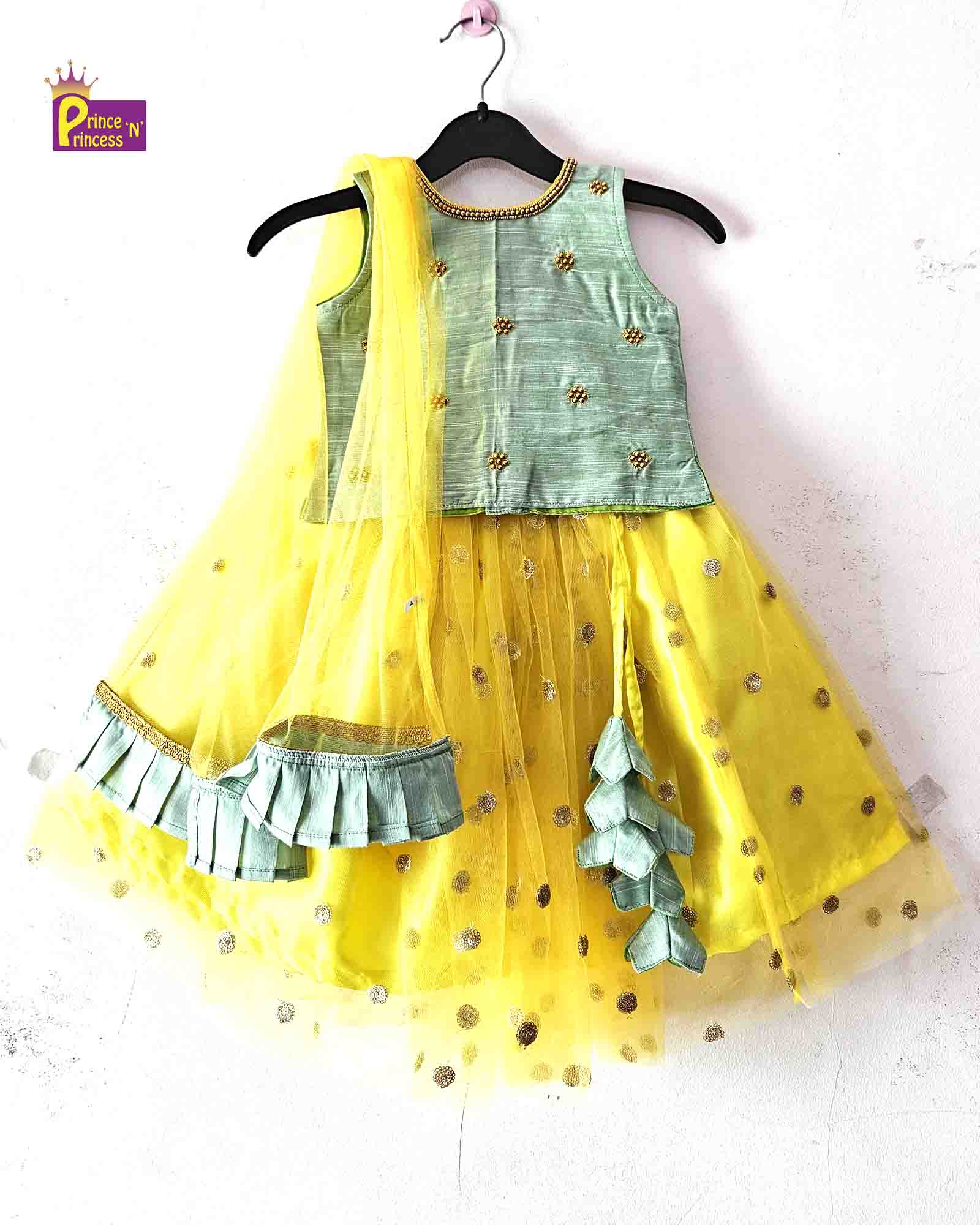 Kids Pista Green and yellow Aari Embroidery Lehenga Choli LC214 Prince N Princess