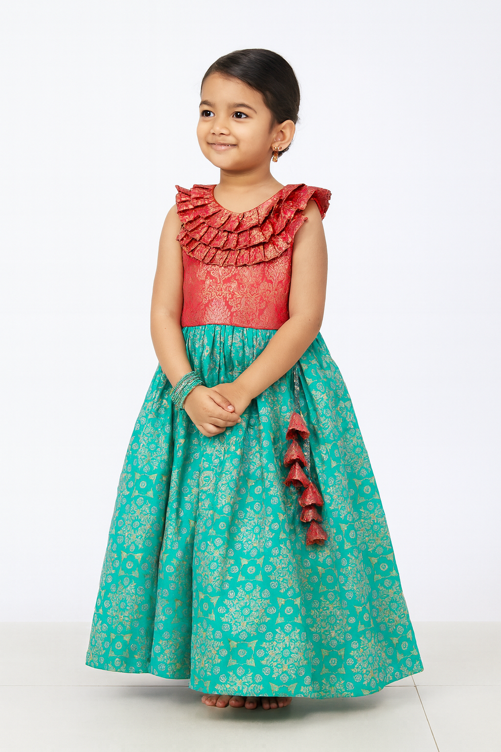 Kids Trending Rama Green with Red Lehenga Choli  with neck frills LC215