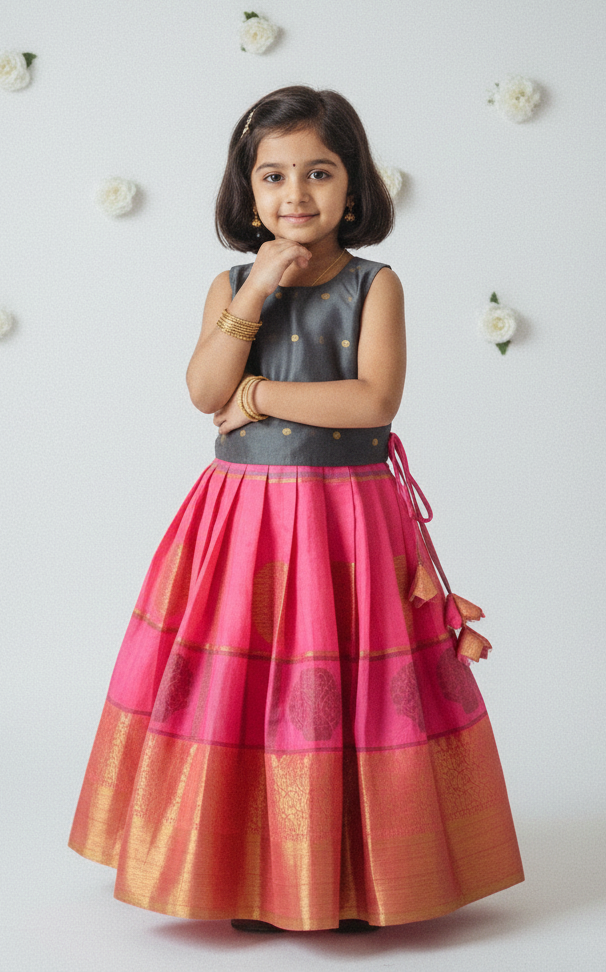 Kids Grey & Pink Raw Silk Lehenga Choli LC283