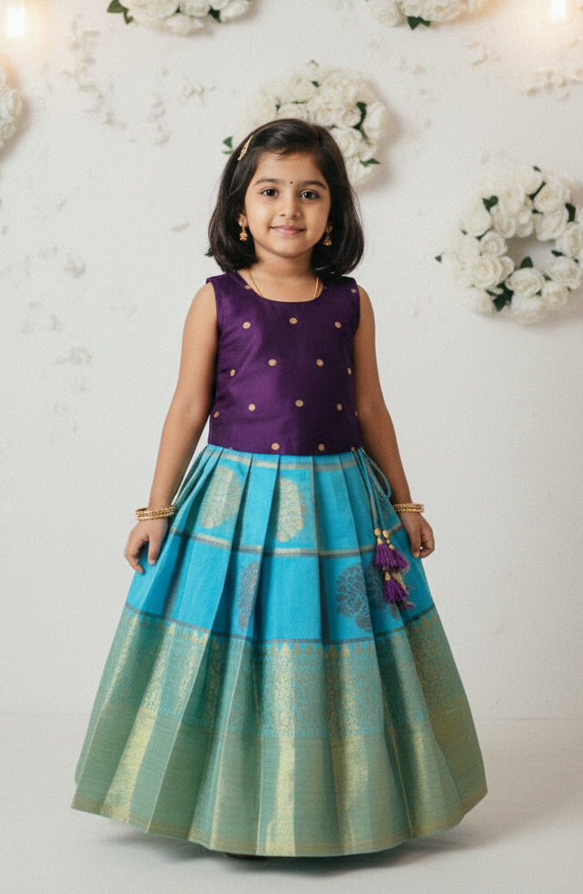 Kids Purple & Blue Raw Silk Lehenga Choli LC284