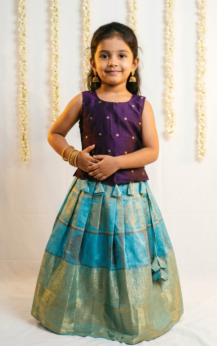 Kids Purple & Blue Raw Silk Lehenga Choli LC284
