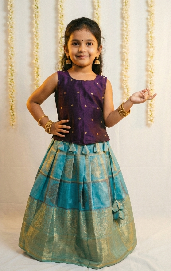 Kids Purple & Blue Raw Silk Lehenga Choli LC284