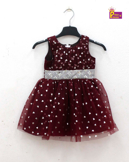 Kids Maroon Netted Party Frock LDF178