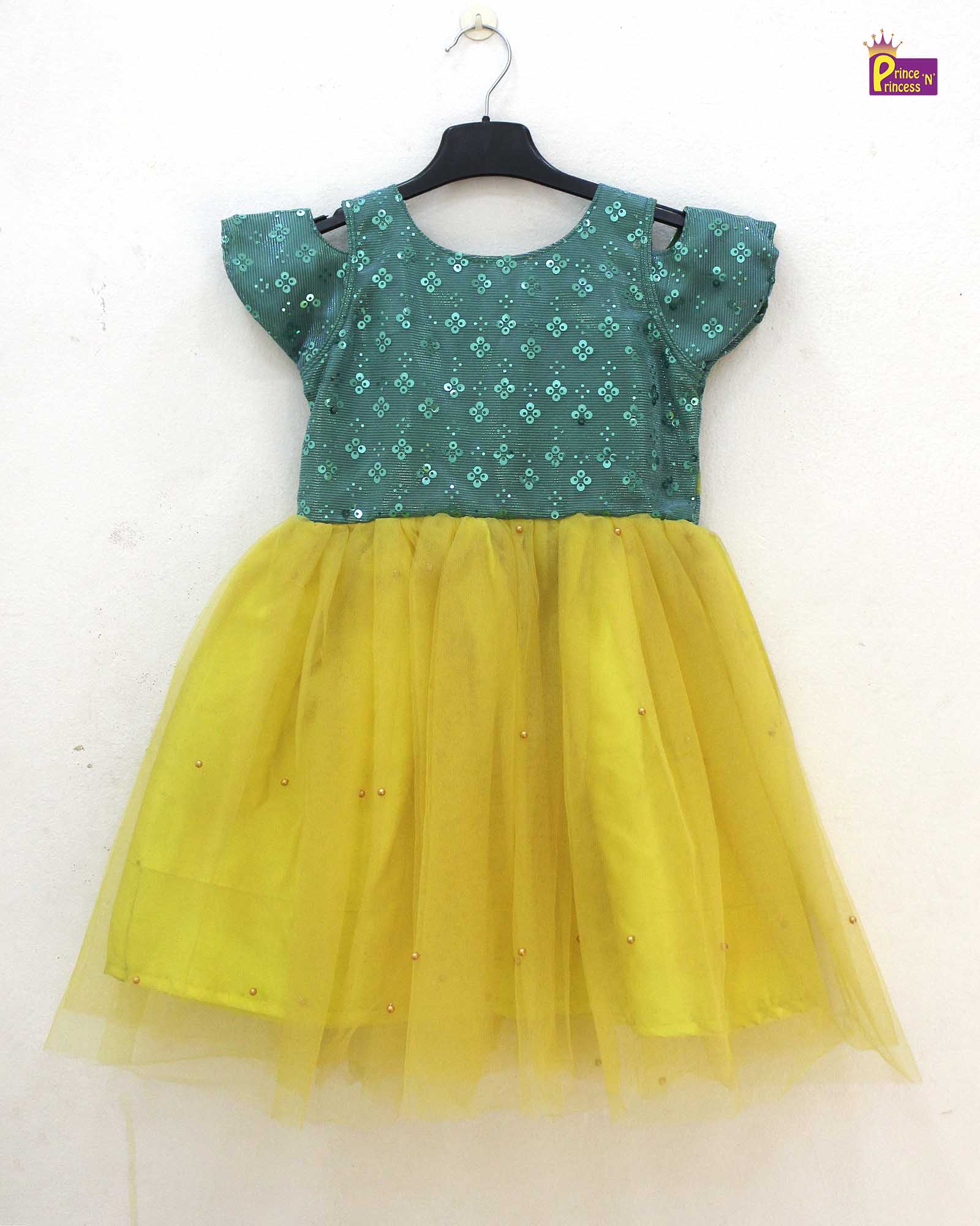 Kids Green And Yellow Party Frock LDF214