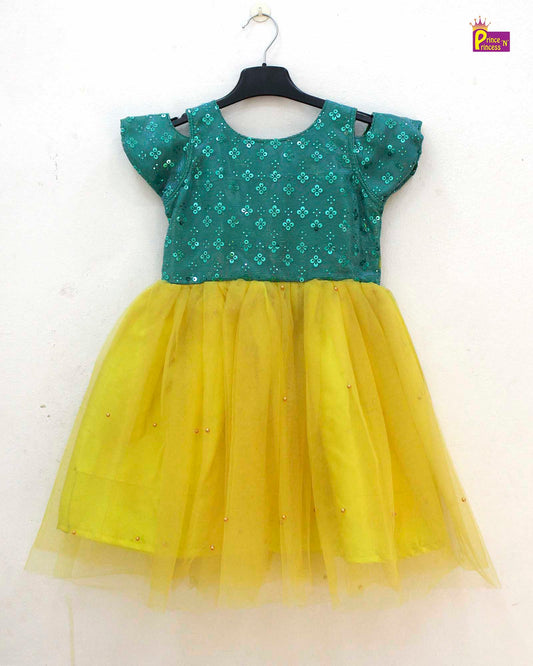 Kids Green And Yellow Party Frock LDF214