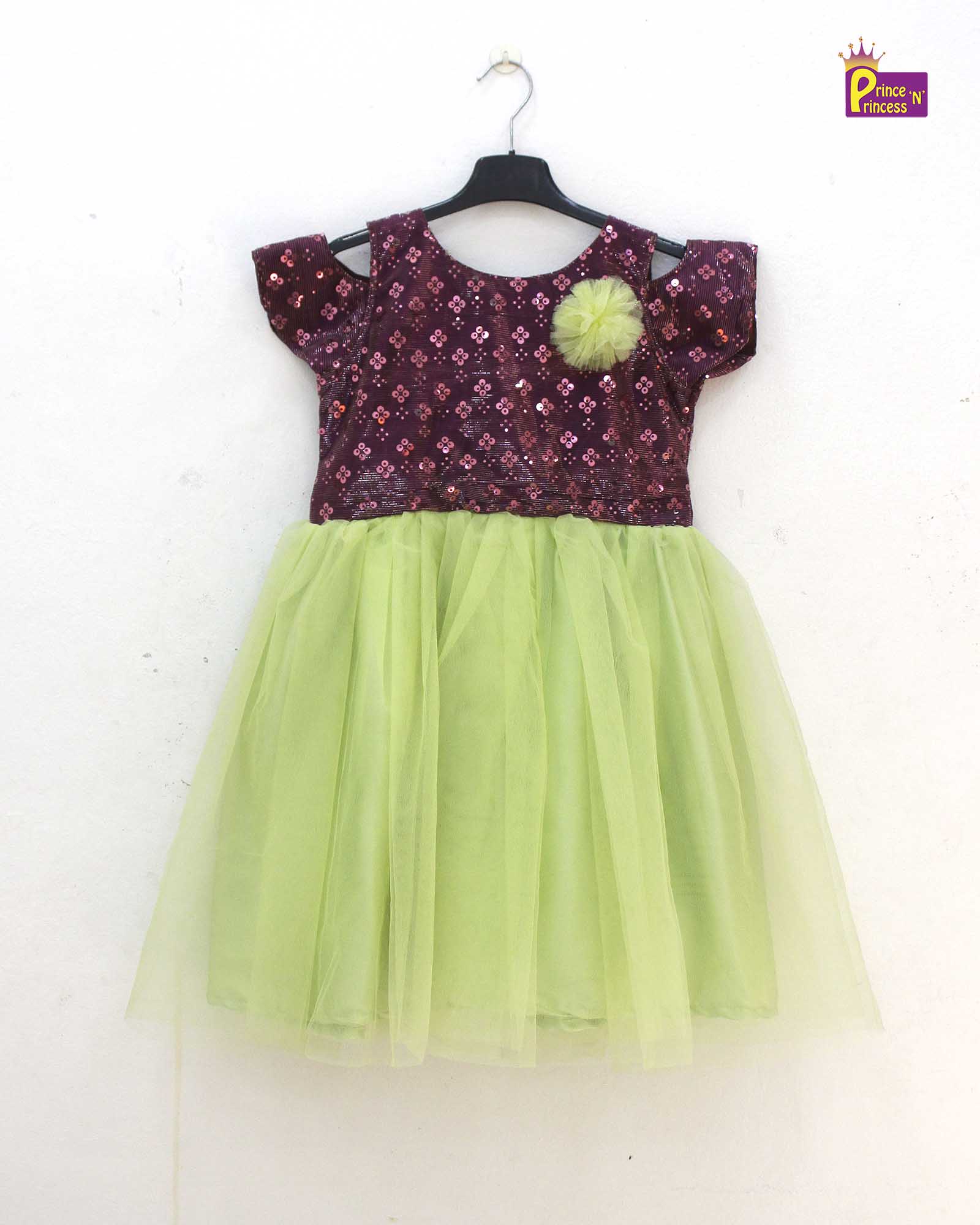 Kids Pista Green And Whine  Party Frock LDF248