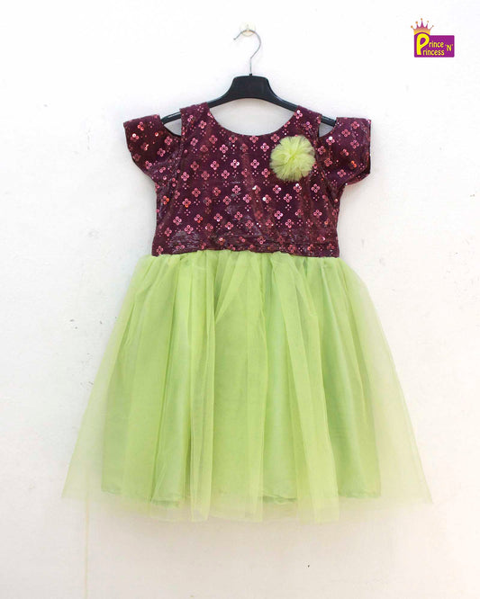 Kids Pista Green And Whine  Party Frock LDF248