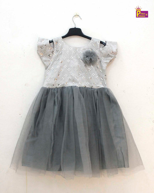 Kids White with Grey Party Frock LDF252