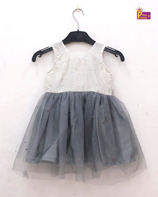 Kids White with Grey Party Frock LDF270