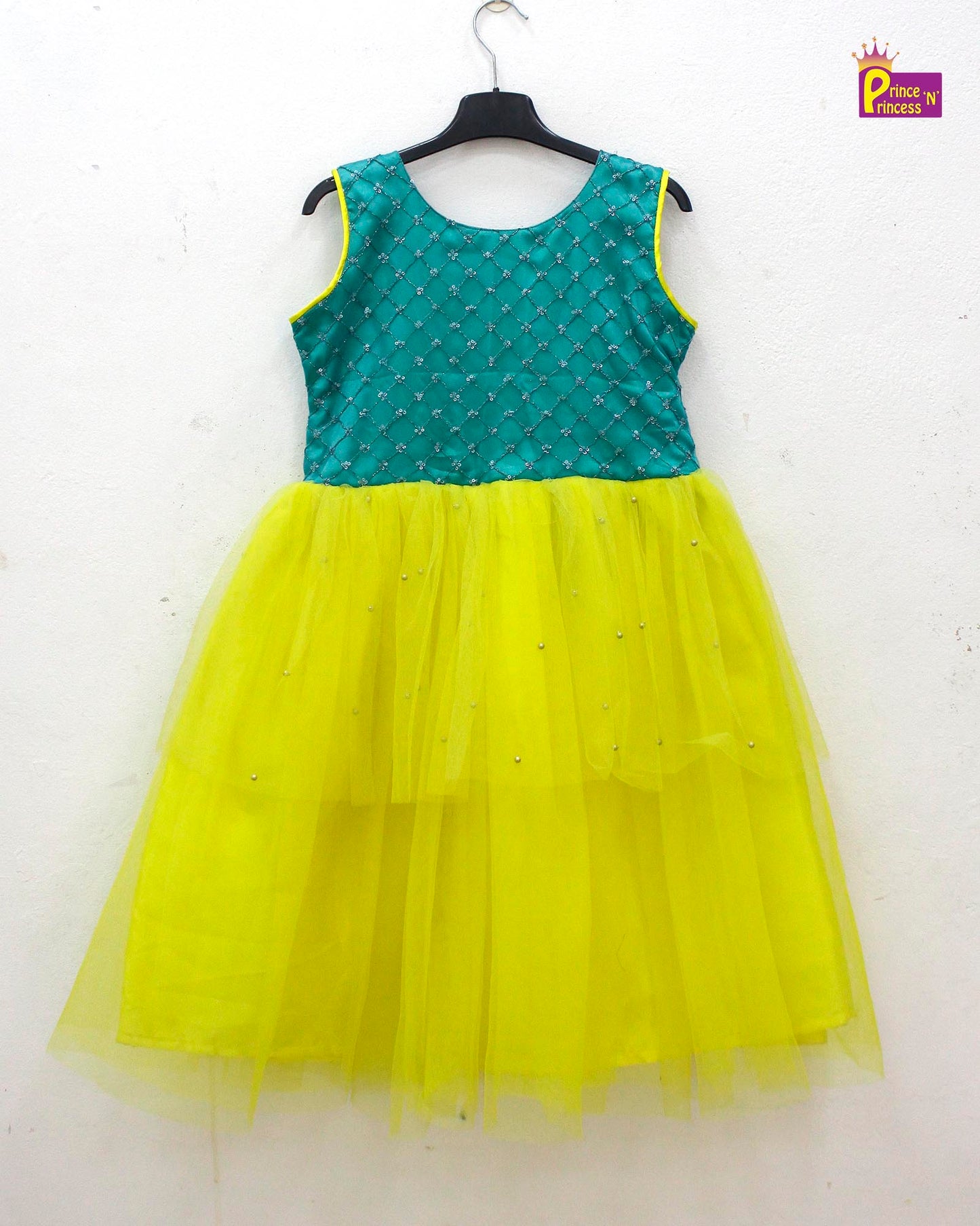 Kids Green And Yellow Party Frock LDF300