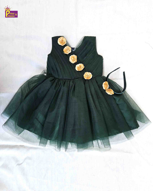 Prince N Princess Bottle Green with Hair Band Party Frock LDF341