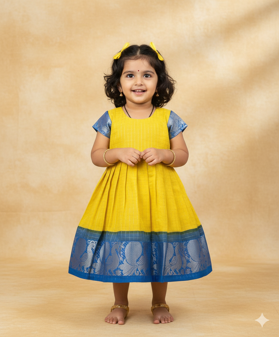 Kids Yellow with Blue Party Frock LDF365