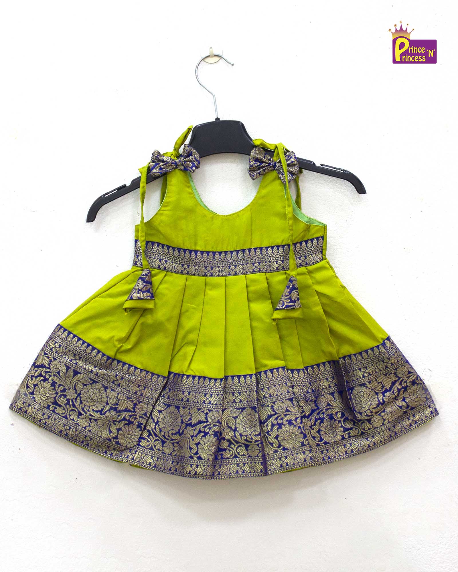 New Born Lemon Green with Navy Raw Silk Frock LF1556