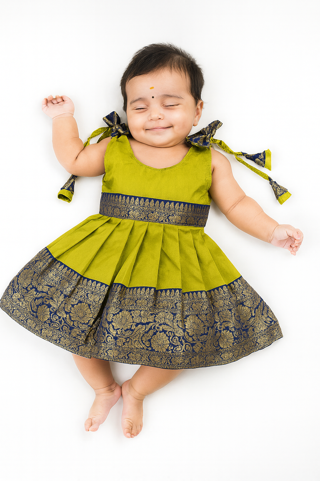 New Born Lemon Green with Navy Raw Silk Frock LF1556