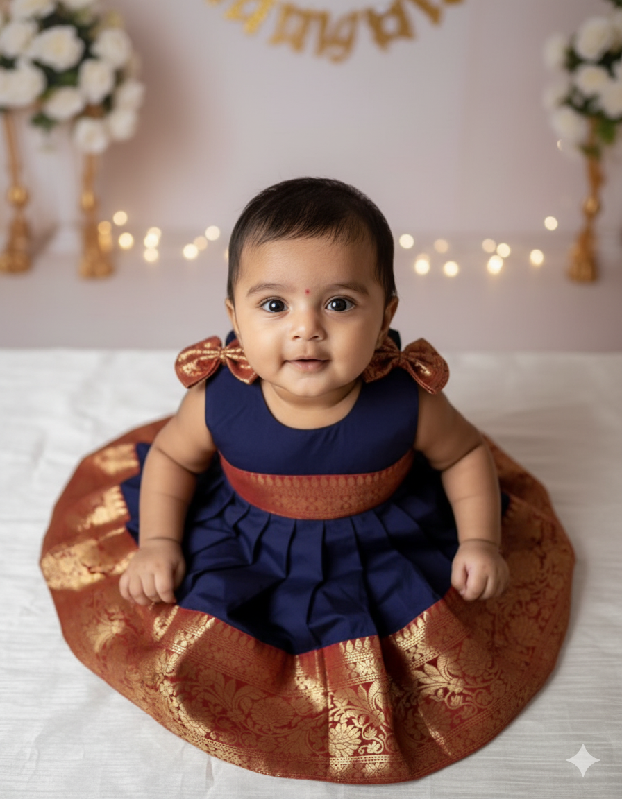 New Born Navy Banarasi Silk Frock LF1609