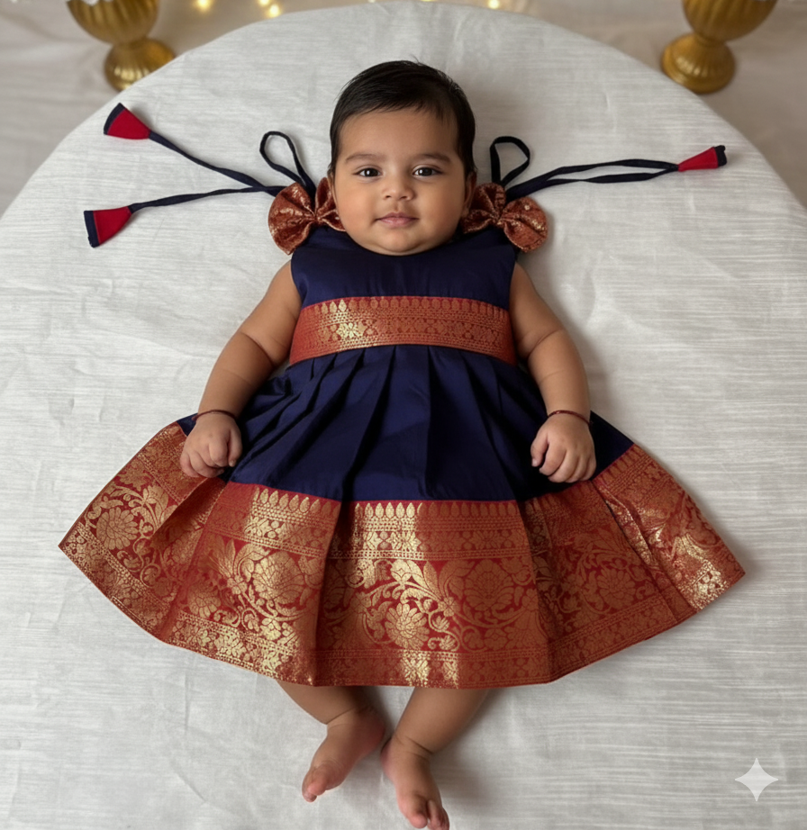 New Born Navy Banarasi Silk Frock LF1609