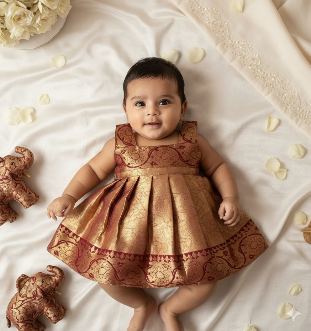 New Born Red with Gold Banarasi Silk Knot Type Frock LF1614