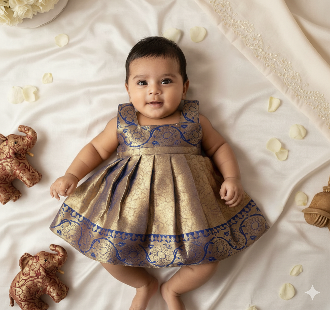 New Born Blue with Gold Banarasi Silk Knot Type Frock LF1615