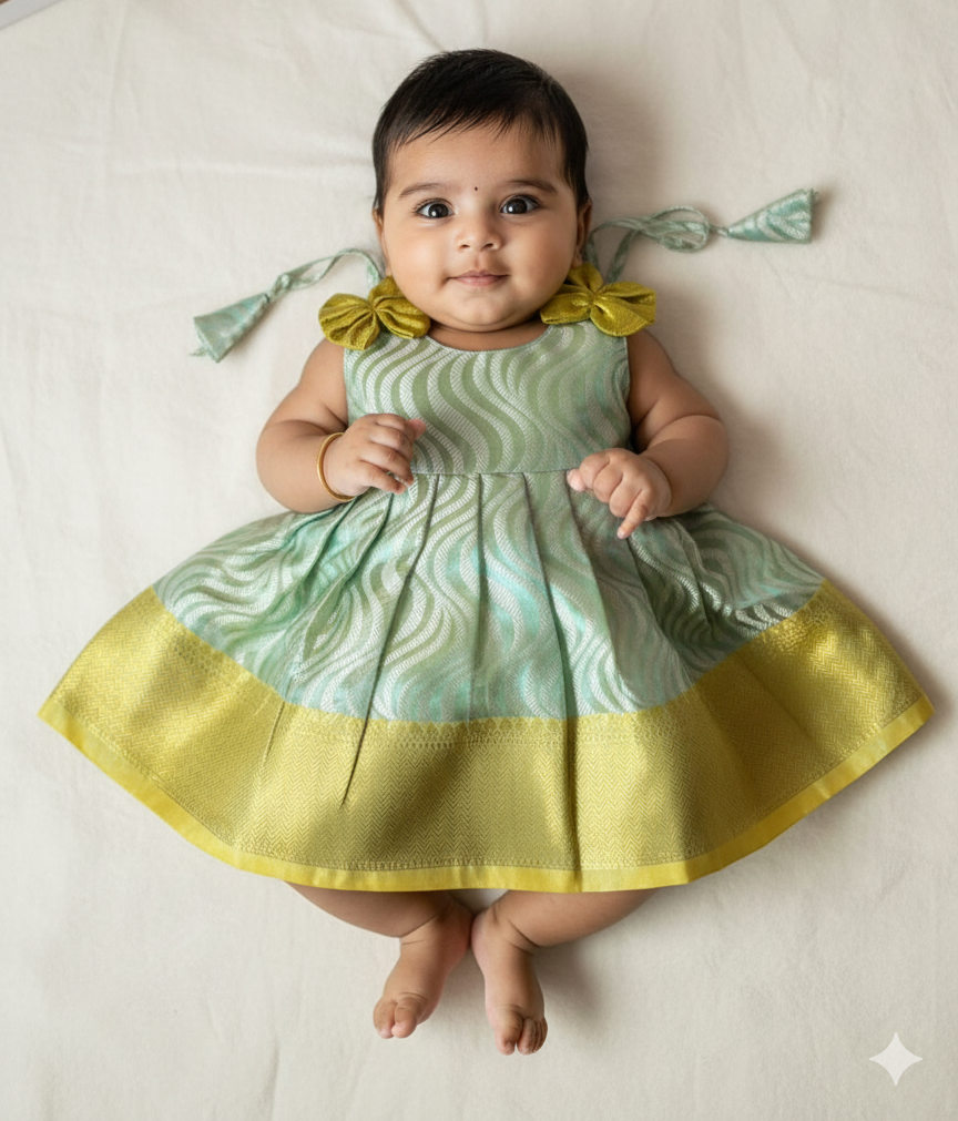 New Born Rama Green Banarasi Silk Knot Type Frock LF1617