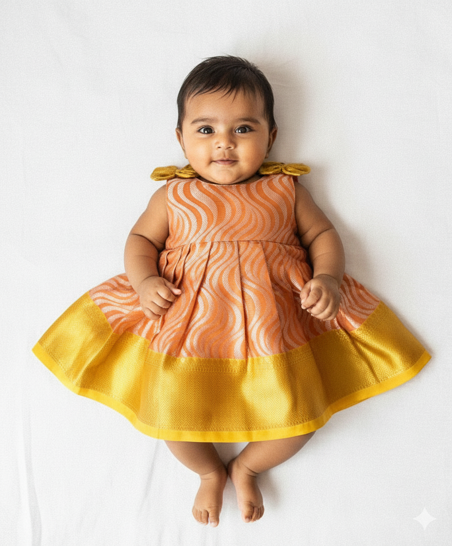 New Born Orange Banarasi Silk Knot Type Frock LF1619