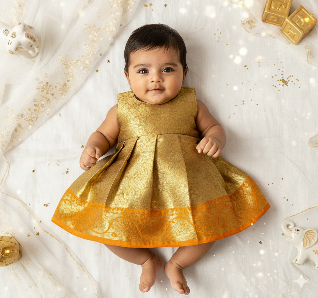 New Born Yellow with Gold Banarasi Silk Knot Type Frock LF1627