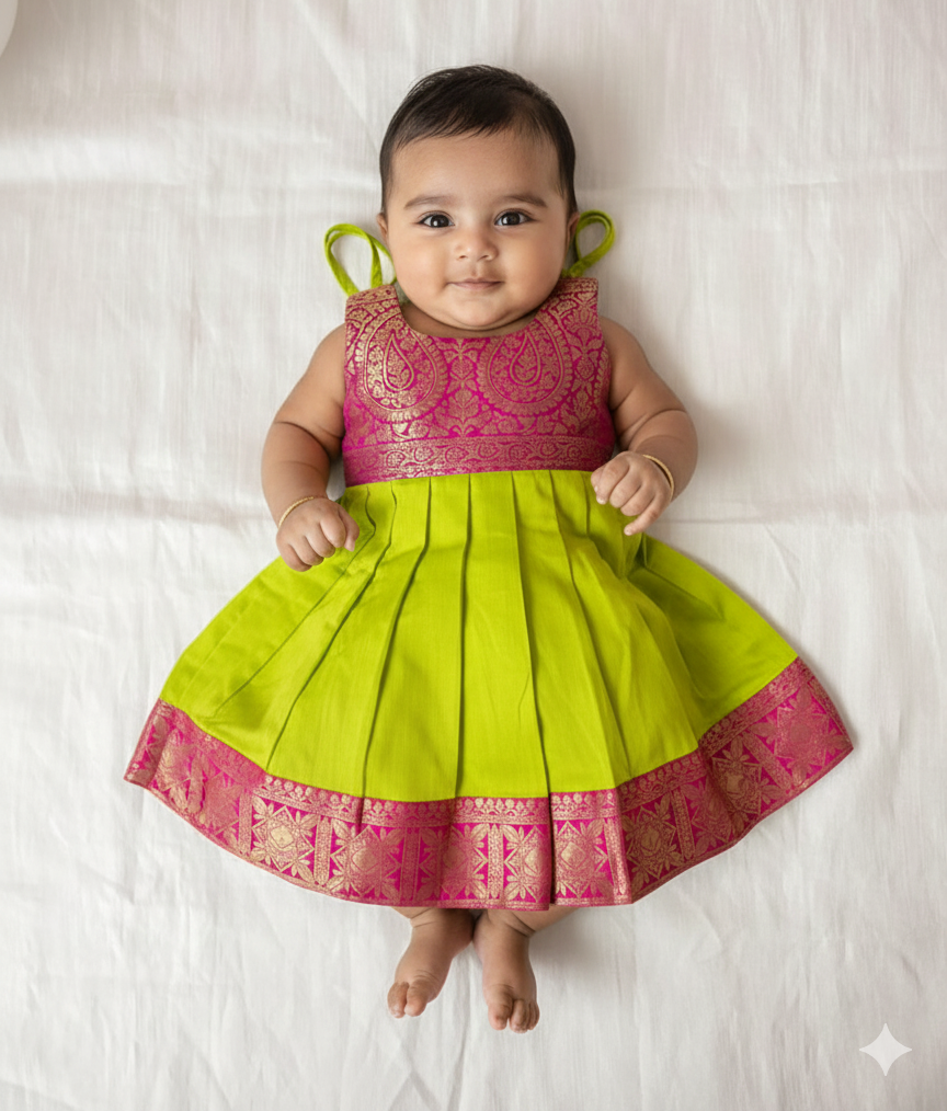 New Born Pink and Green Banarasi Silk Knot Type Frock LF1629